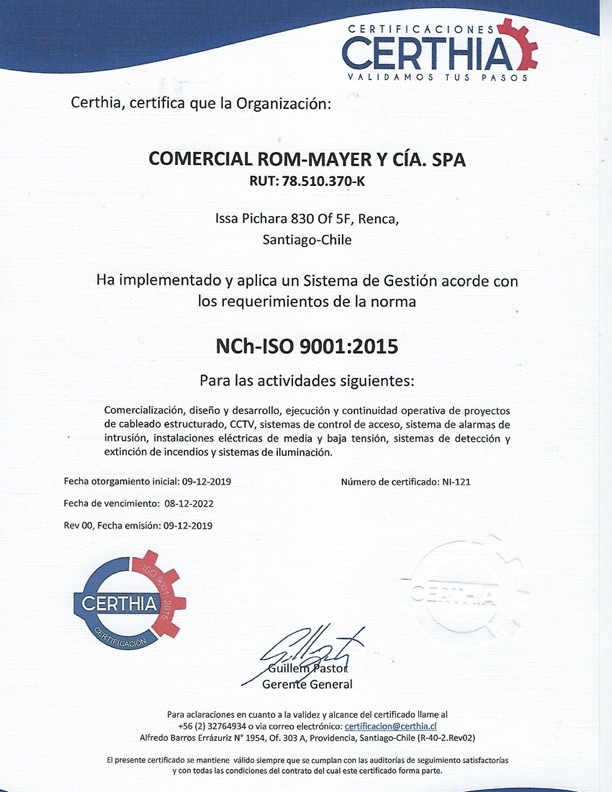 Certificado ISO 9001:2015 Rom Mayer